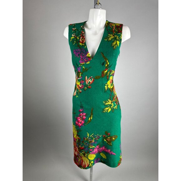 Vtg 90s Paul & Joe Wool Dress Green Belt Floral Sheath V-Neck Womens Size Medium - Picture 4 of 6
